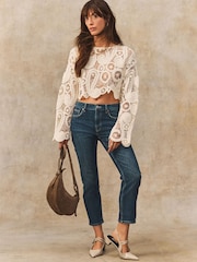 Ecru Cream Long Sleeve Boho Crochet Cropped Top - Image 2 of 8