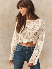Ecru Cream Long Sleeve Boho Crochet Cropped Top - Image 3 of 8