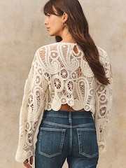 Ecru Cream Long Sleeve Boho Crochet Cropped Top - Image 4 of 8