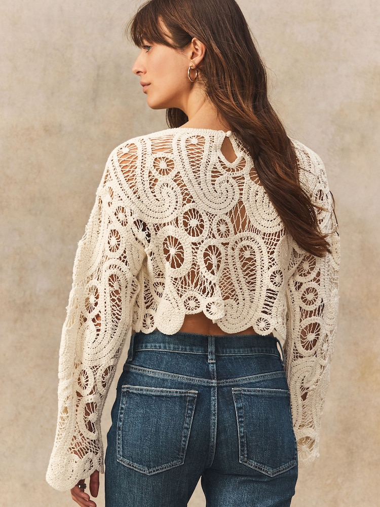 Ecru Cream Long Sleeve Boho Crochet Cropped Top - Image 4 of 8