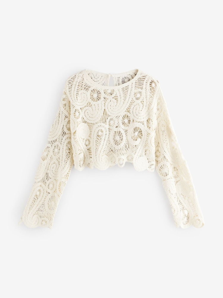 Ecru Cream Long Sleeve Boho Crochet Cropped Top - Image 6 of 8