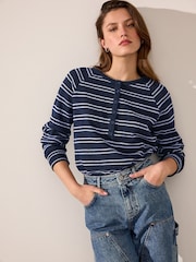 Navy/Purple Stripe Long Sleeve Knitted Henley Top - Image 1 of 8