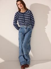 Navy/Purple Stripe Long Sleeve Knitted Henley Top - Image 3 of 8
