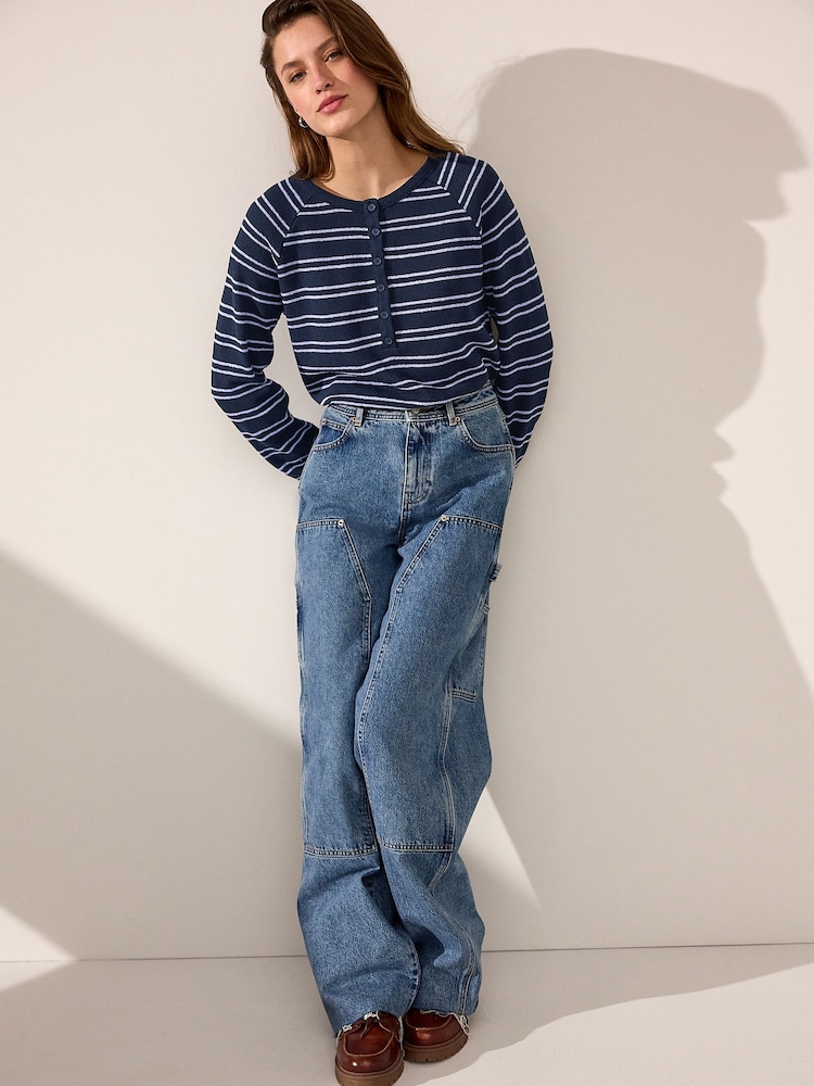 Navy/Purple Stripe Long Sleeve Knitted Henley Top - Image 3 of 8