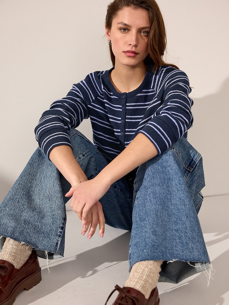 Navy/Purple Stripe Long Sleeve Knitted Henley Top - Image 4 of 8