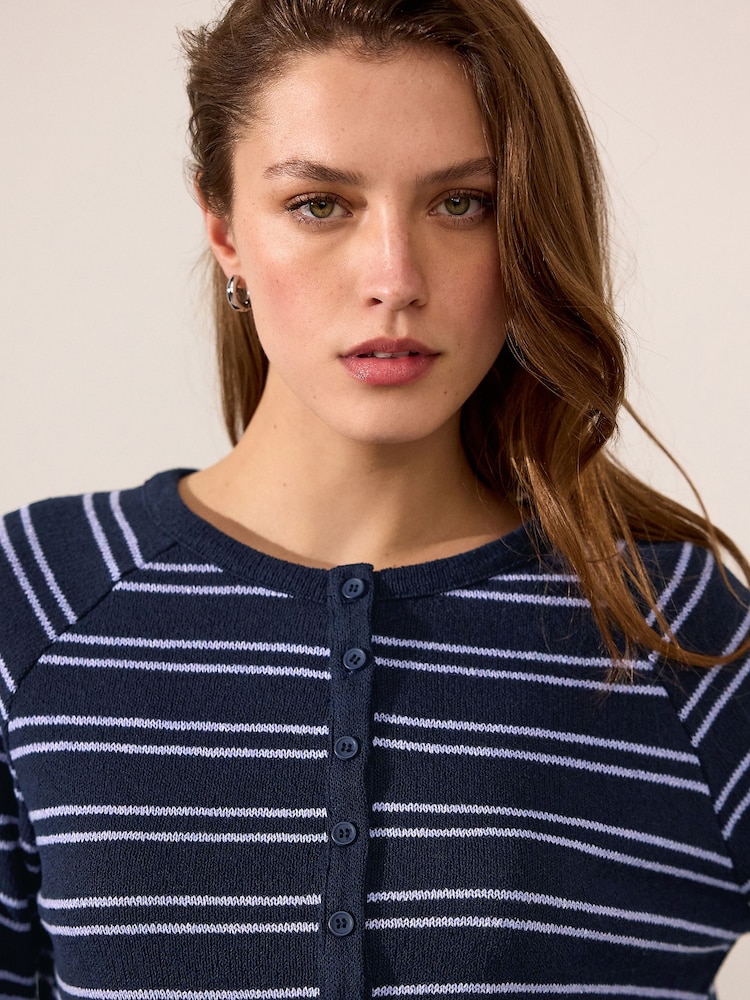 Navy/Purple Stripe Long Sleeve Knitted Henley Top - Image 5 of 8