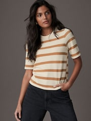 Rust/Ecru Short Sleeve Crew Neck Knitted T-Shirt - Image 1 of 8