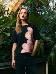Black Blossom Print Kew Collection Crepe Short Sleeve Boxy T-Shirt - Image 1 of 5