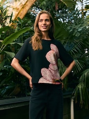 Black Blossom Print Kew Collection Crepe Short Sleeve Boxy T-Shirt - Image 2 of 5