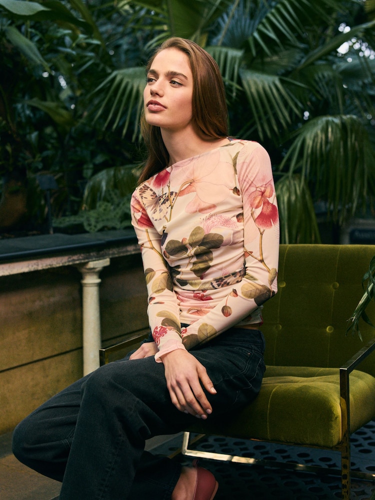 Ecru/Green Floral Long Sleeve Ruched Side Mesh Top - Image 4 of 7