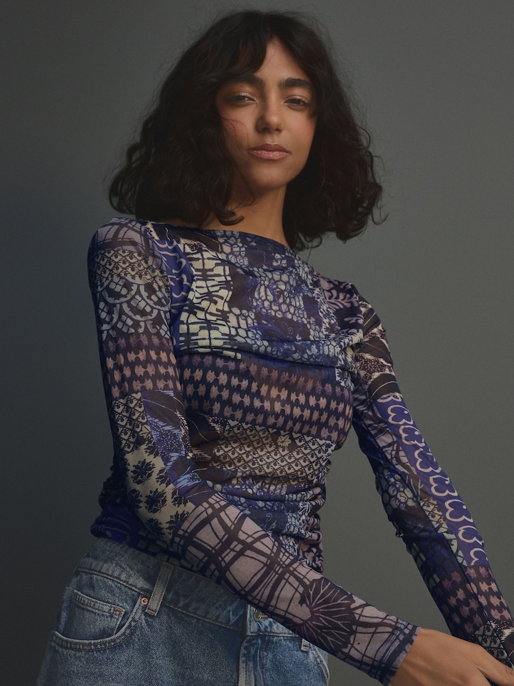 Blue Patch Print Long Sleeve Ruched Side Mesh Top - Image 1 of 8