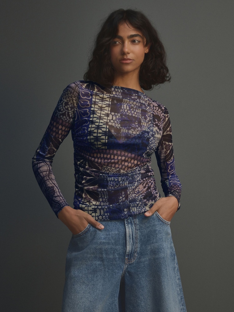 Blue Patch Print Long Sleeve Ruched Side Mesh Top - Image 2 of 8