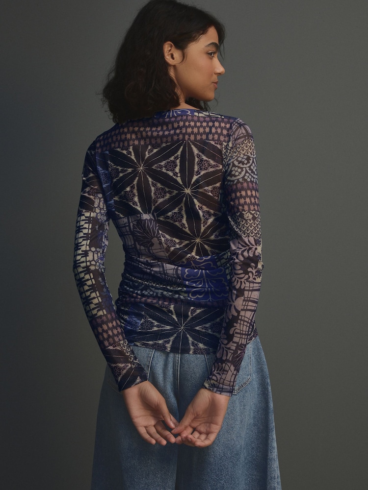 Blue Patch Print Long Sleeve Ruched Side Mesh Top - Image 4 of 8