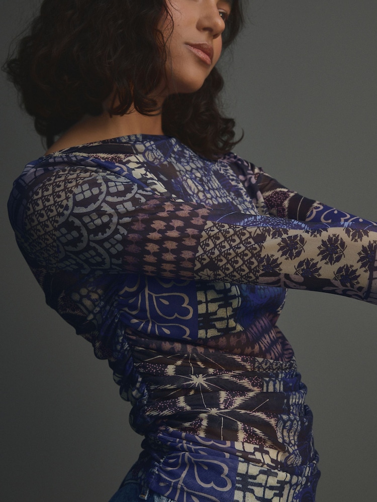Blue Patch Print Long Sleeve Ruched Side Mesh Top - Image 5 of 8