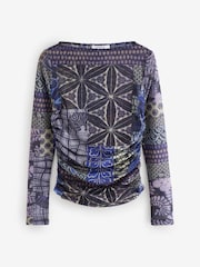 Blue Patch Print Long Sleeve Ruched Side Mesh Top - Image 6 of 8
