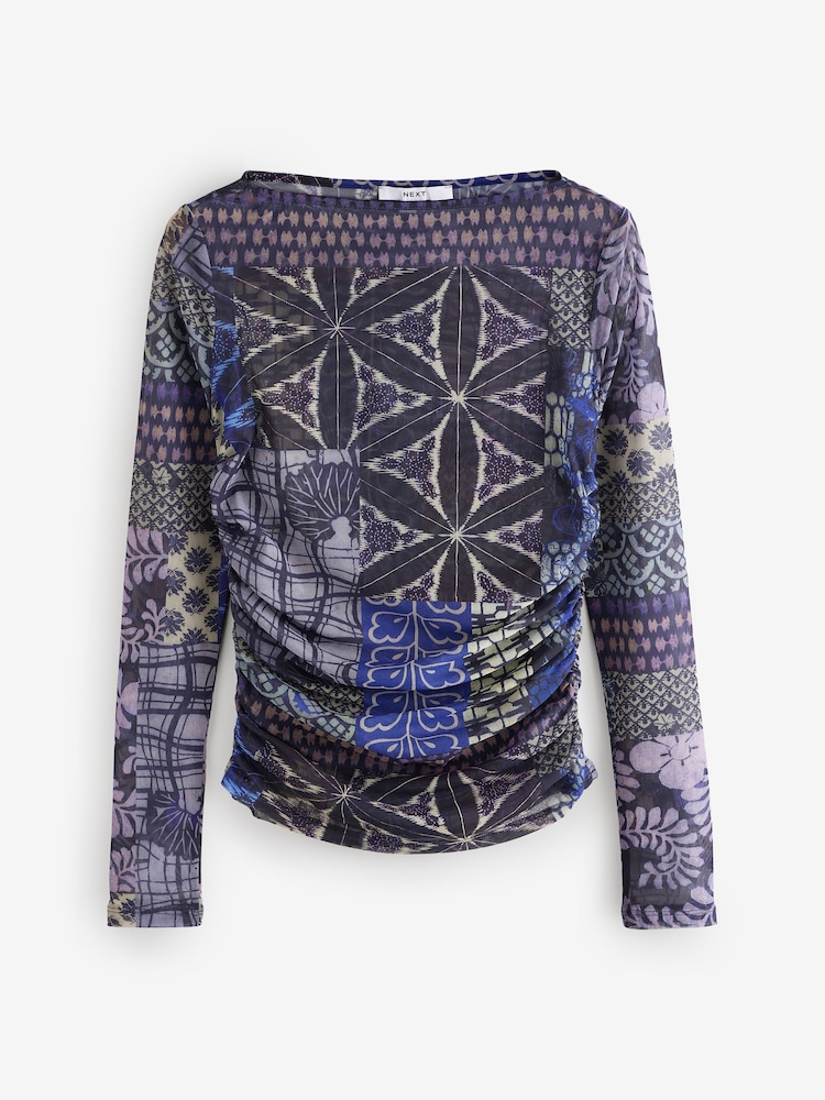 Blue Patch Print Long Sleeve Ruched Side Mesh Top - Image 6 of 8