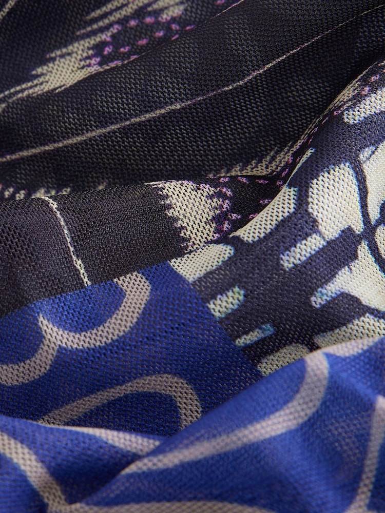 Blue Patch Print Long Sleeve Ruched Side Mesh Top - Image 7 of 8