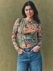 Green Floral Print Long Sleeve Ruched Side Mesh Top - Image 1 of 7