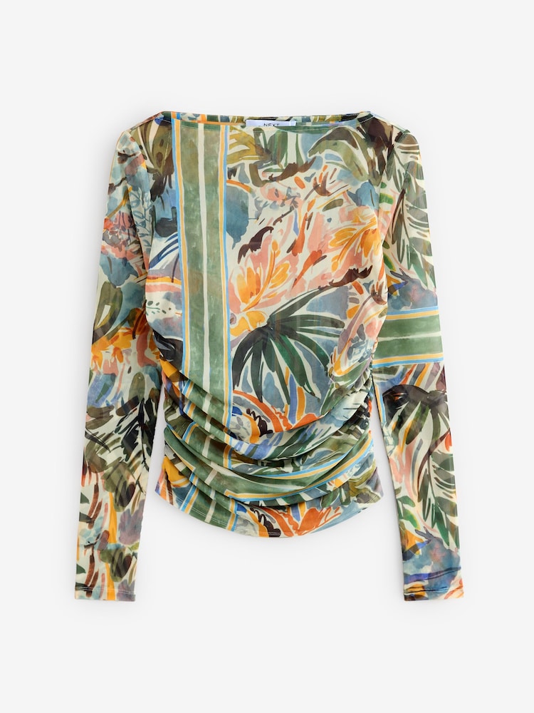 Green Floral Print Long Sleeve Ruched Side Mesh Top - Image 1 of 7