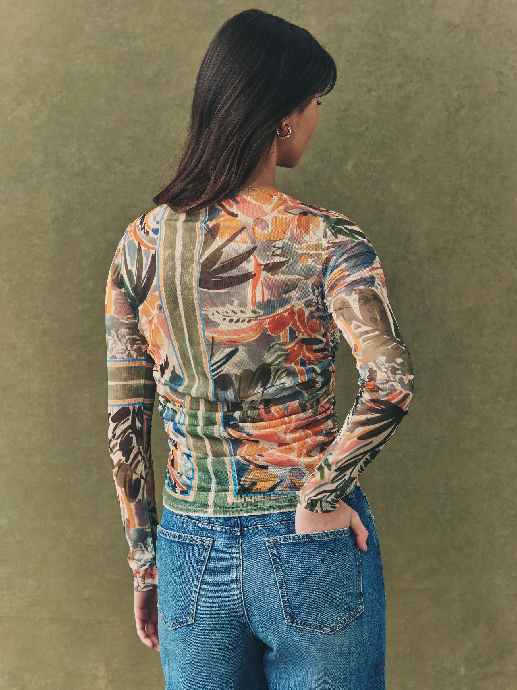 Green & Pink Floral Print Semi Fitted Cotton Shirt | Hawes