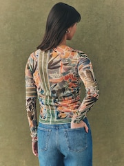 Green Floral Print Long Sleeve Ruched Side Mesh Top - Image 2 of 7