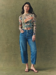 Green Floral Print Long Sleeve Ruched Side Mesh Top - Image 3 of 7