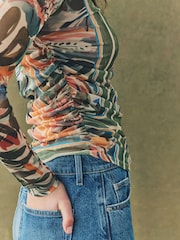 Green Floral Print Long Sleeve Ruched Side Mesh Top - Image 4 of 7
