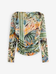 Green Floral Print Long Sleeve Ruched Side Mesh Top - Image 5 of 7