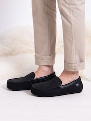 Totes Black Mens Isotoner Square Patterned Smart Moccasin Slippers - Image 1 of 5