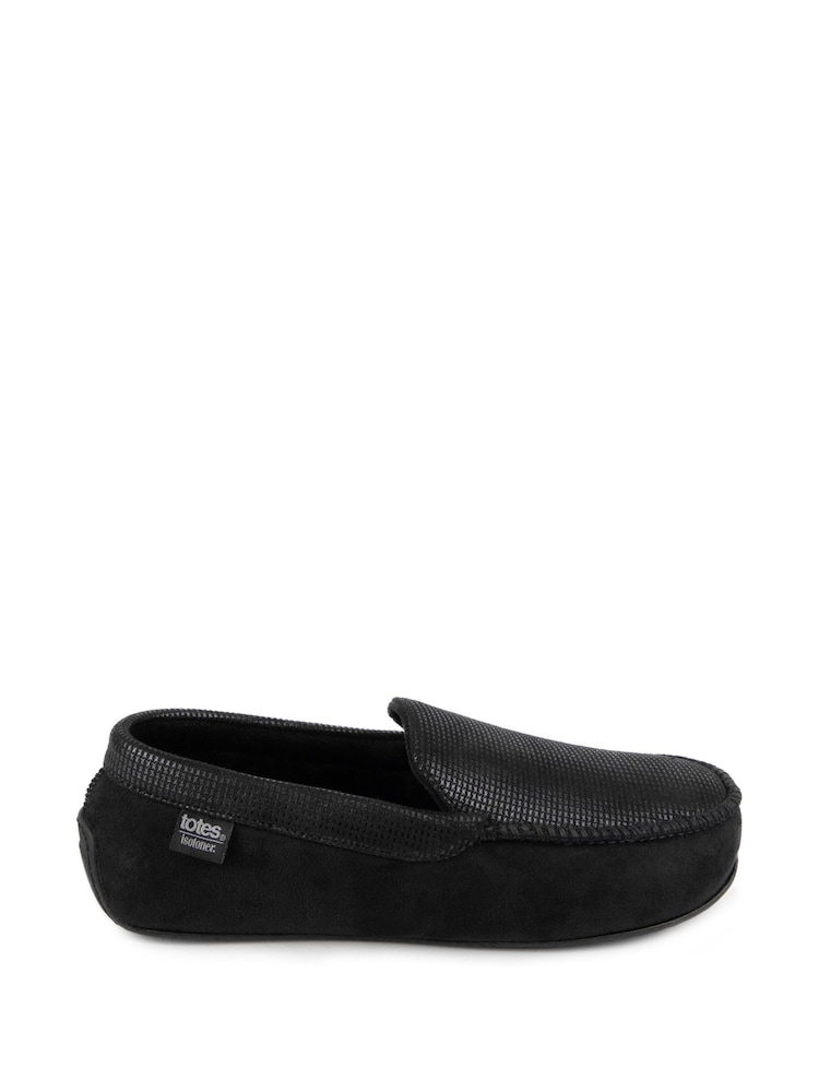 Totes Black Mens Isotoner Square Patterned Smart Moccasin Slippers - Image 2 of 5