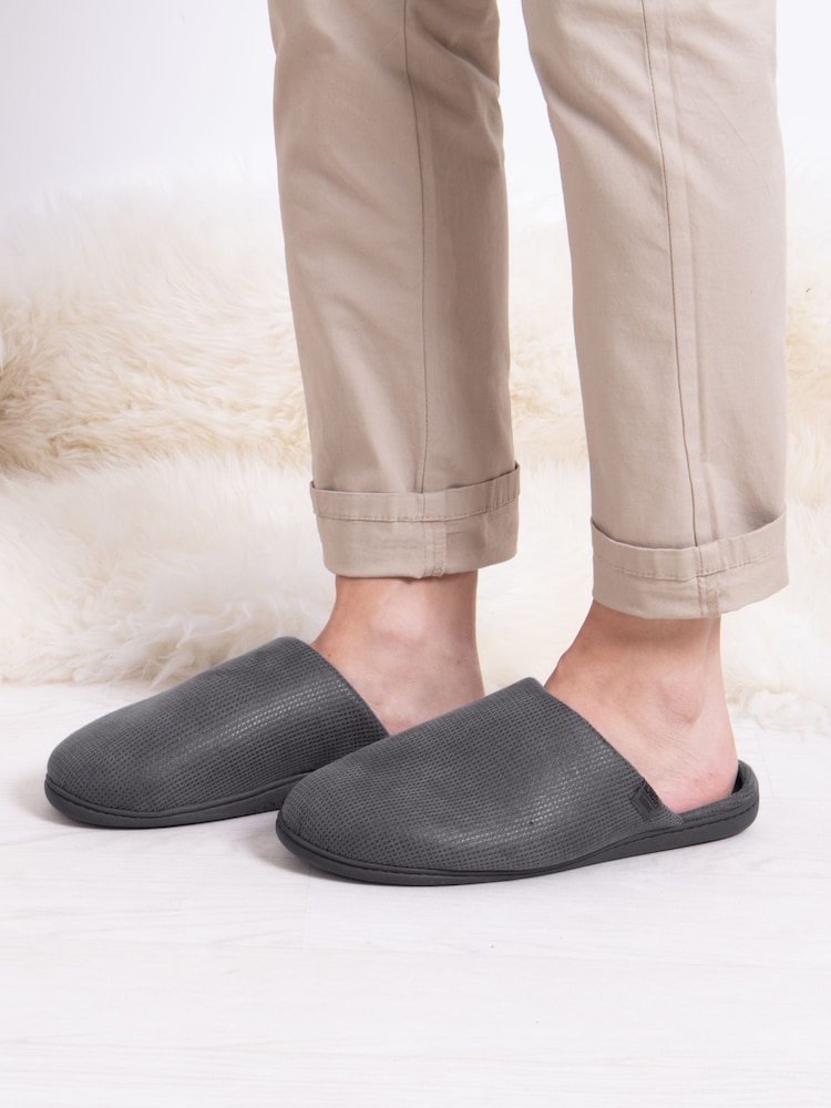 Totes Grey Mens Isotoner Square Patterned Smart Mule Slippers - Image 1 of 5