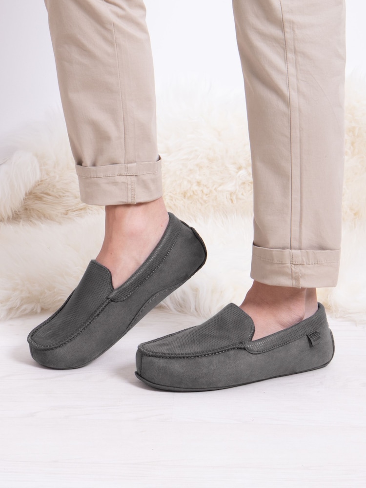 Totes Grey Mens Isotoner Square Patterned Smart Moccasin Slippers - Image 1 of 5