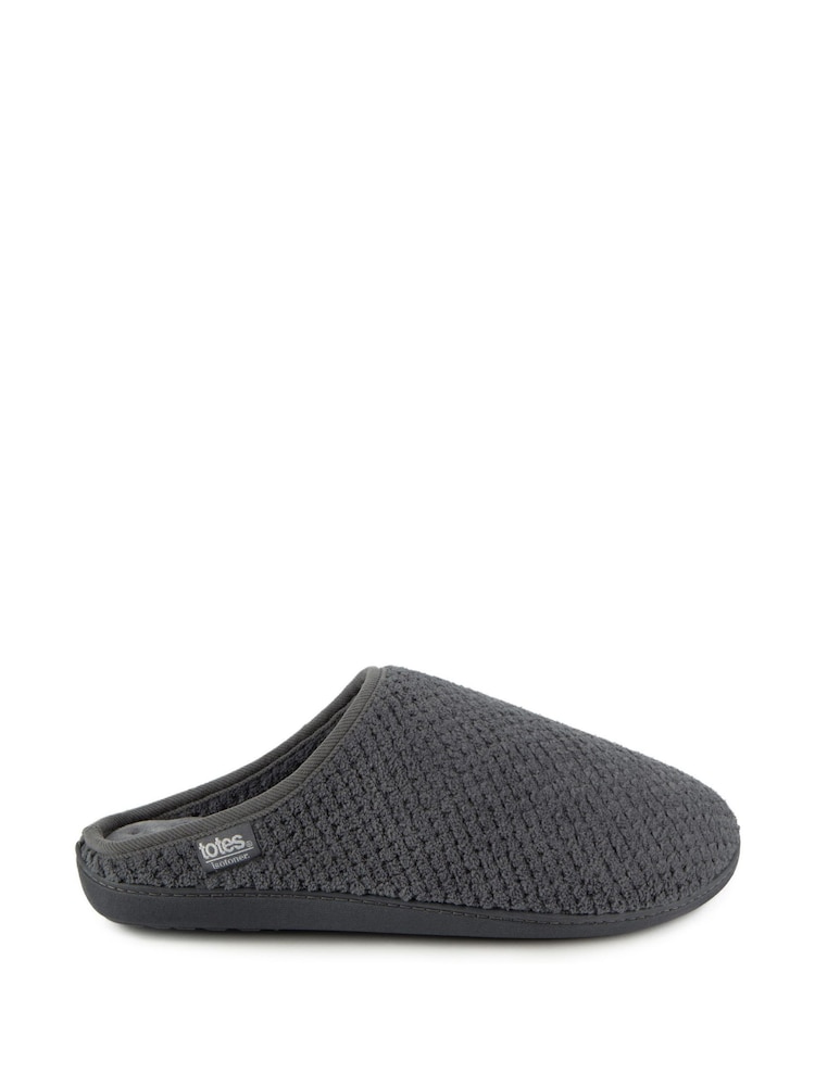 Totes Grey Mens Isotoner Swept Back Popcorn Mule Slippers - Image 2 of 5