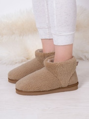 Totes Natural Ladies Isotoner Curly Faux Fur Boot Slippers - Image 1 of 5