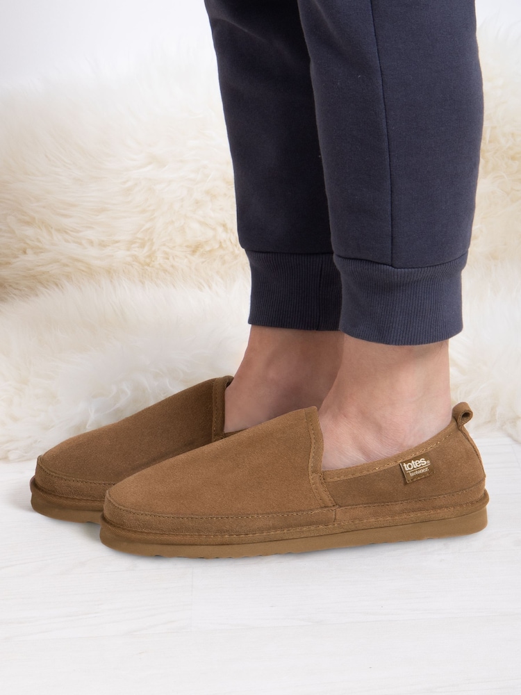 Totes Brown Mens Isotoner Real Suede Full Back Slippers - Image 1 of 5