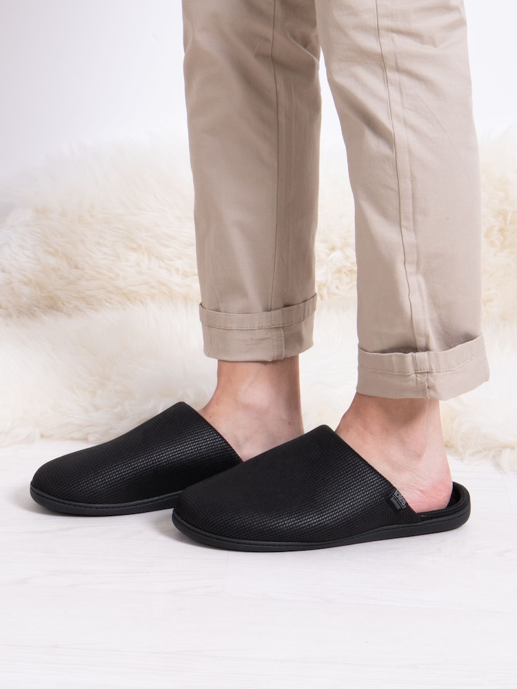 Totes Black Mens Isotoner Square Patterned Smart Mule Slippers - Image 1 of 5