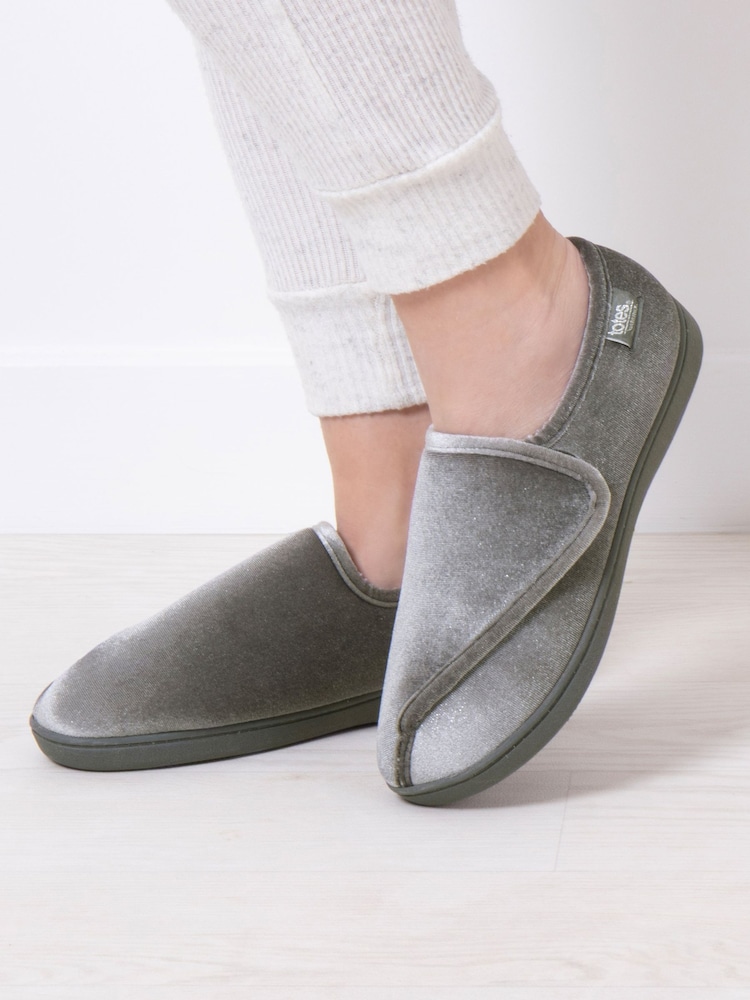 Totes Grey Ladies Isotoner Sparkle Velour Slippers with Touch Fasten Tab - Image 1 of 5