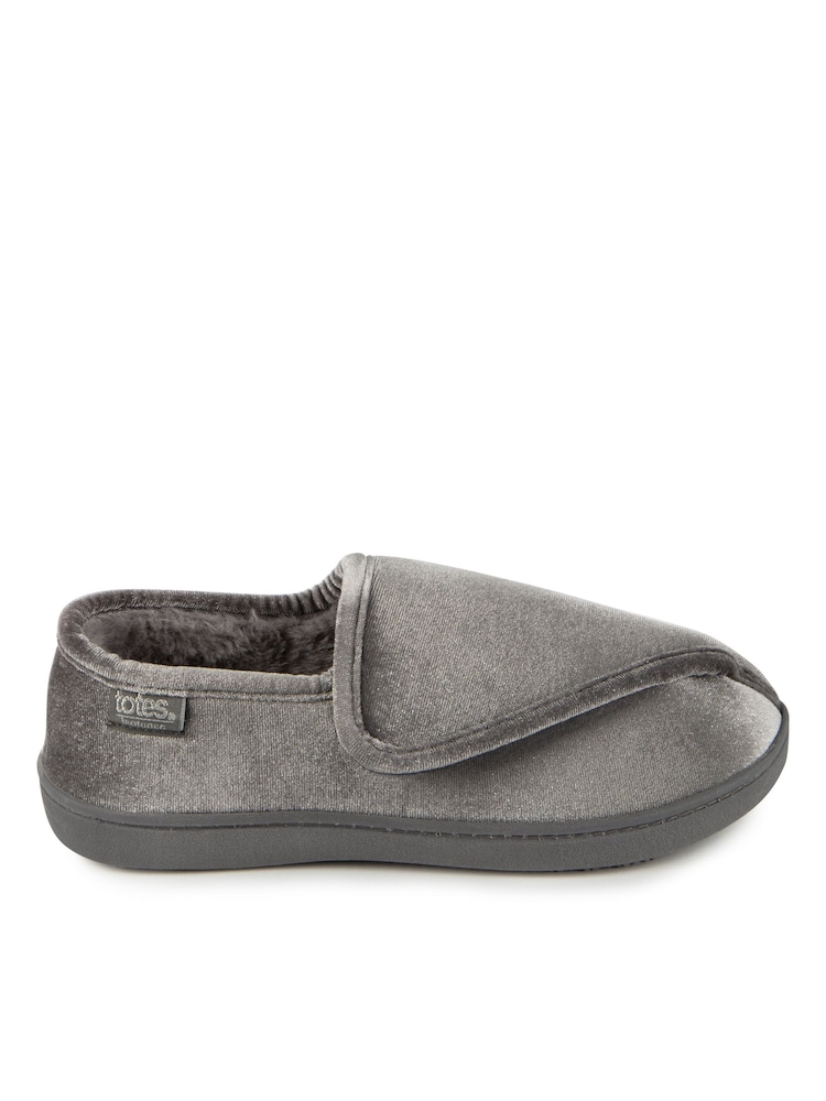 Totes Grey Ladies Isotoner Sparkle Velour Slippers with Touch Fasten Tab - Image 2 of 5