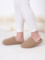 Totes Natural Ladies Isotoner Curly Faux Fur Winter Mule Slippers - Image 1 of 5