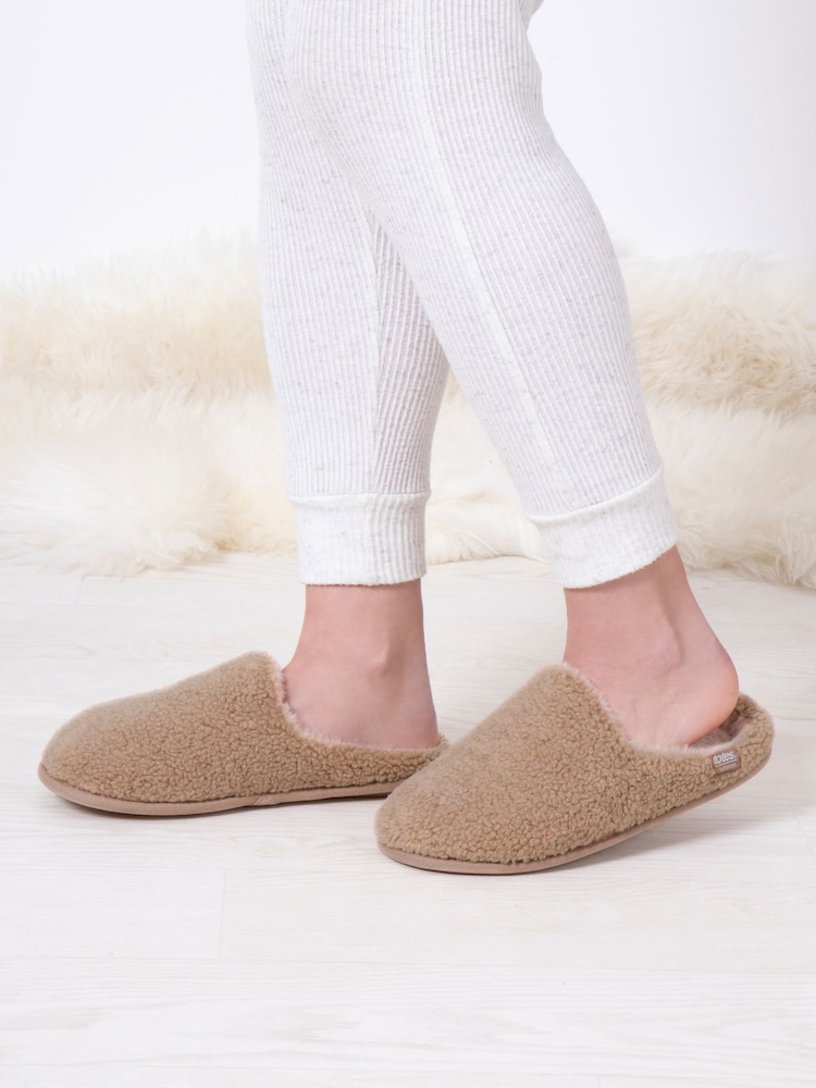 Totes Natural Ladies Isotoner Curly Faux Fur Winter Mule Slippers - Image 1 of 5