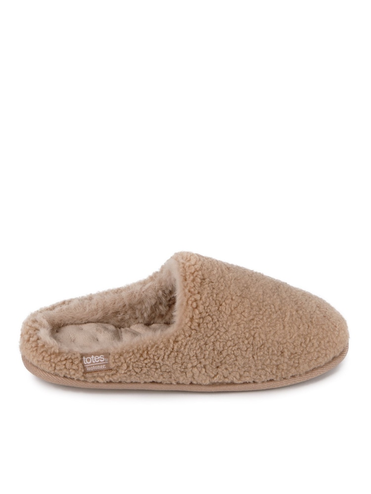 Totes Natural Ladies Isotoner Curly Faux Fur Winter Mule Slippers - Image 2 of 5