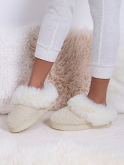 Totes Cream Ladies Icon Winter Curly Faux Fur Mule Slippers with Chunky Sole - Image 1 of 5