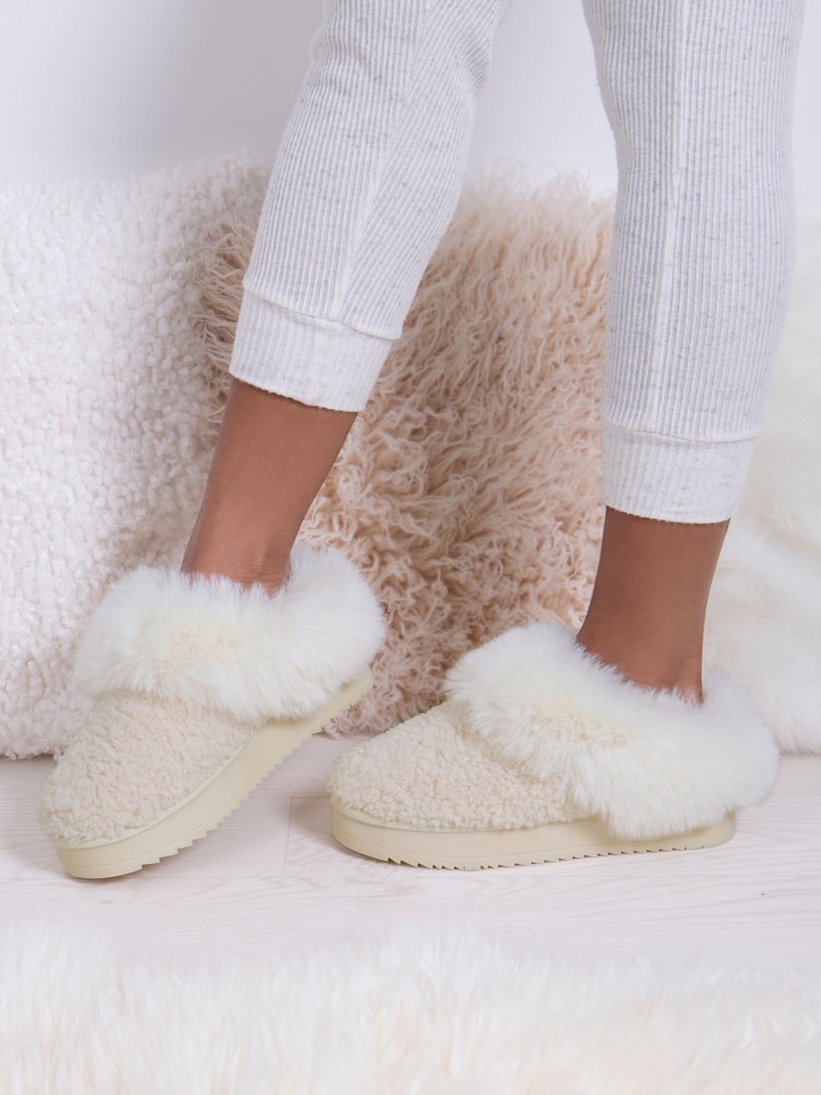 Totes Cream Ladies Icon Winter Curly Faux Fur Mule Slippers with Chunky Sole - Image 1 of 5