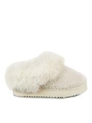 Totes Cream Ladies Icon Winter Curly Faux Fur Mule Slippers with Chunky Sole - Image 2 of 5