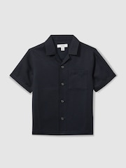 Reiss Navy Japane 13-14 yrs Twill Cuban Collar Shirt - Image 1 of 4