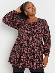 Yours Curve Black Long Sleeve Ladder Trim Boho Top - Image 1 of 5
