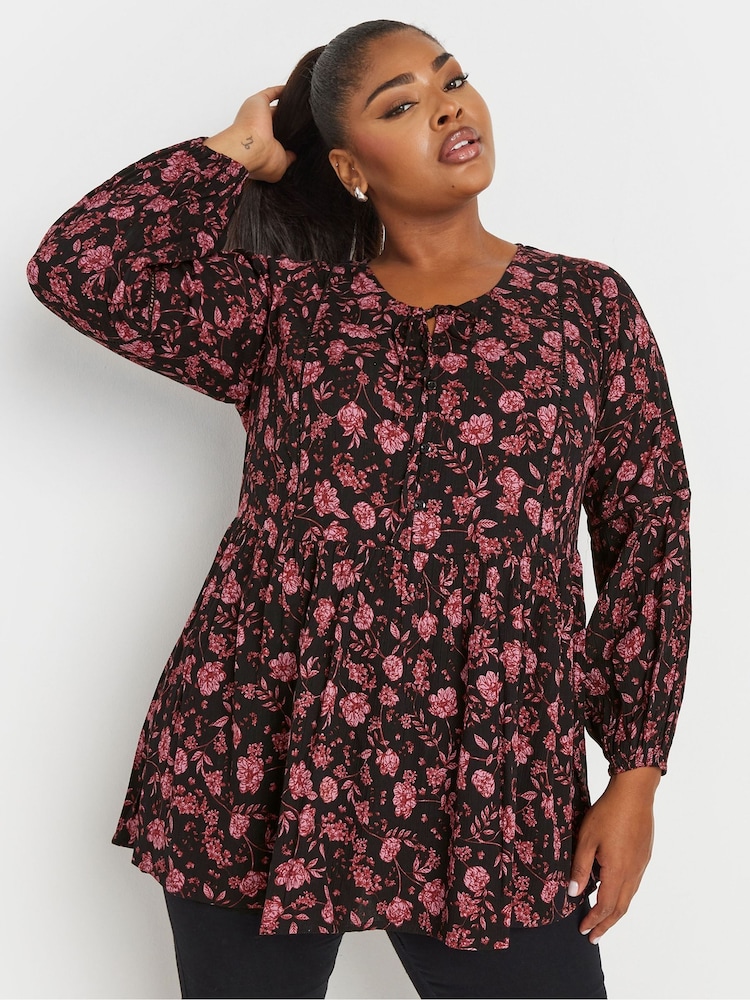Yours Curve Black Long Sleeve Ladder Trim Boho Top - Image 1 of 5