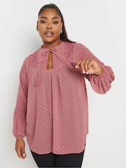 Yours Curve Pink Dobby Slub Lace Blouse - Image 1 of 5