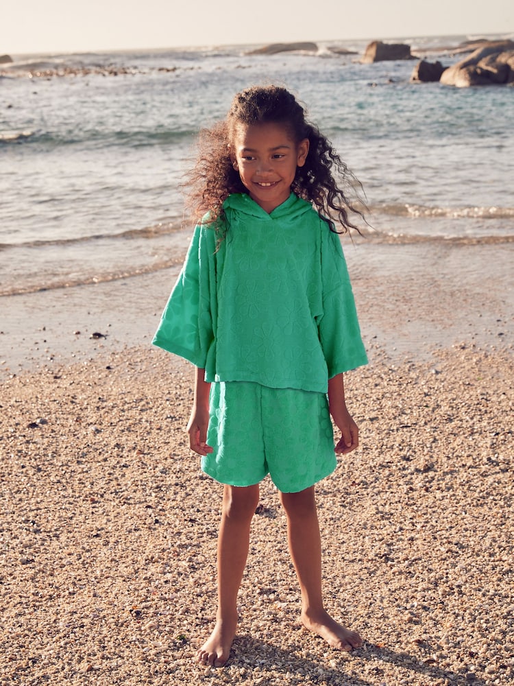 Green Flower Towelling Beach Co-Ord Hoodie And Shorts Set (3-16yrs) - Image 1 of 7