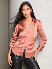 Lipsy Pink Petite Ruched Side Satin Button Through Shirt - Image 1 of 4